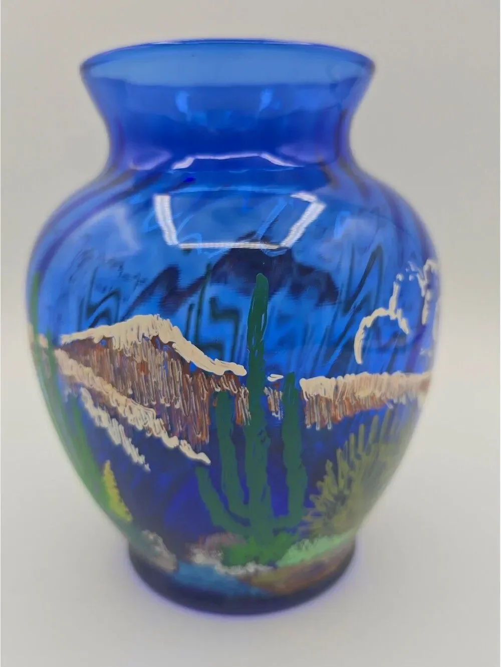 Vintage Indiana Glass Illusions Cobalt Blue Handpainted Desert Vase 5.5